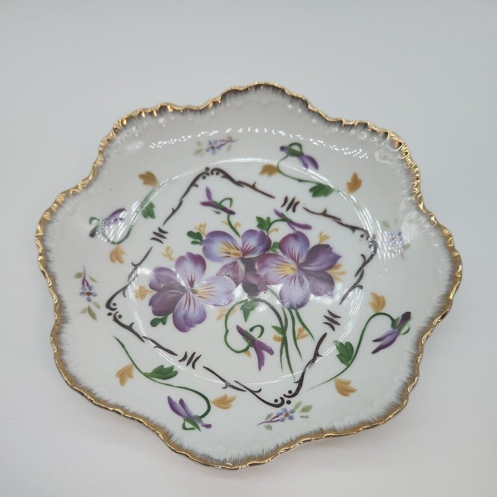 Vintage Lefton Wavy Gold Rimmed Pink Peony Floral Dish 8 inch Hanging Decorative